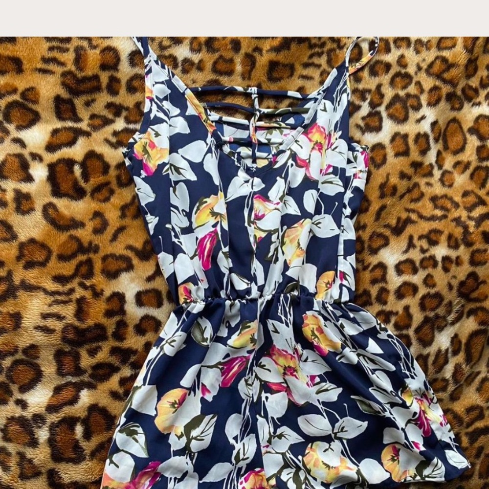 Charlotte Russe Floral Navy One Piece with V-Neck